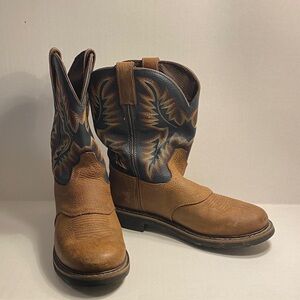 Justin Boots Tan Leather Foot with Black Embroidered Shaft Cowboy Boots